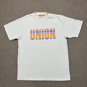 Union LA T Shirt Mens Size 2 White Short Sleeve Spell Out Logo Causal Ad…